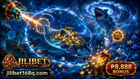 JILIBET fishing scene with a gold cannon turning toward a crossing jewel-toned fish and a bright trail through open water