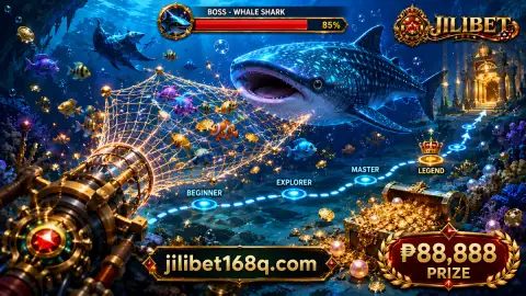 JILIBET fishing shown in a phone-held frame with moving fish, gold trails and layered underwater coral depth