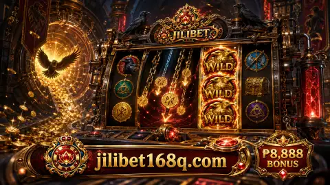 JILIBET slot scene opening from settled ruby reels into a luminous gold doorway and layered crimson chamber