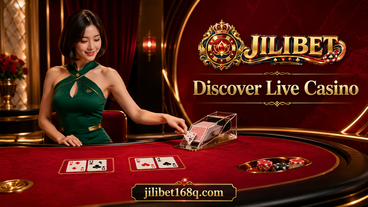 JILIBET online casino live table with burgundy felt, chips, cards and soft roulette light